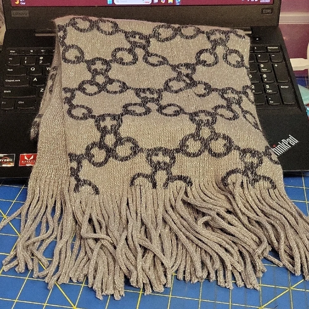 Gray Knit Scarf with Black Pattern 10